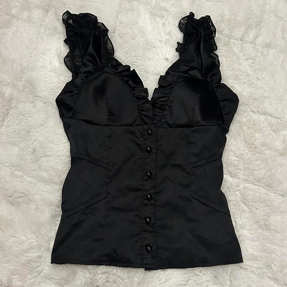 Black silky button up tank top